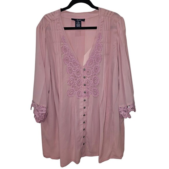 Denim 24/7 Juliet 28W Tunic Top Rose Mist  Pleated Blouse Sheer Crochet Lace Bib - Picture 1 of 13